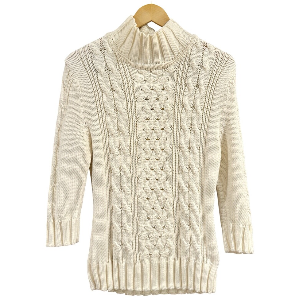 Beth Bowley Cream Cabled Knit Mock Neck Sweater 3/4th‎ Sleeve L Preppy Classic